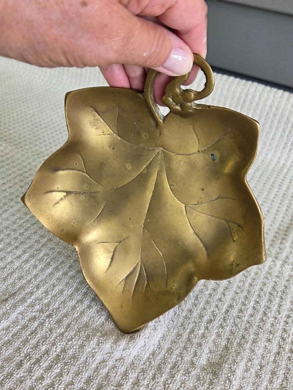 Vintage Brass Leaf Dish Etched Trinket Tray Ivy Grape Stem Catchall 8.5